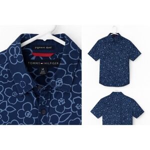 Tommy Hilfiger Men's Medium Floral Short Sleeve Shirt Blue Button up Front